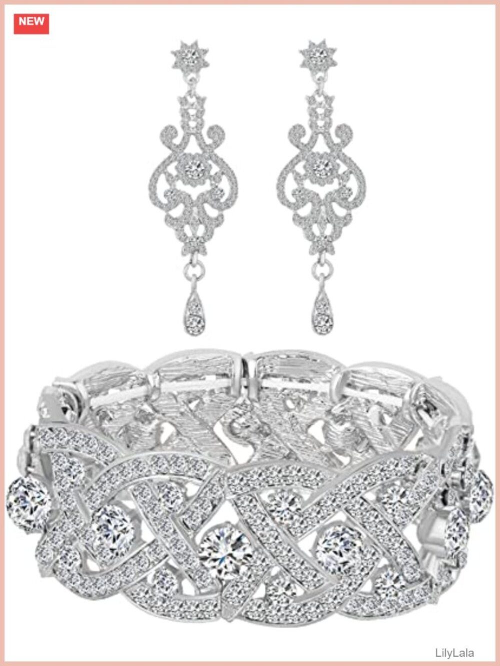 Rhinestone Crystal Wedding Bracelet & Earrings Set Elastic Stretch Silver Plated